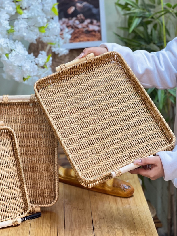 سینی طرح حصیری دسته بامبو بزرگ